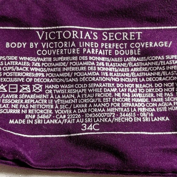 NWOT 34C VICTORIAS SECRET BODY LINED PERFECT COVERAGE PLUM UNDERWIRE BRA - Picture 9 of 10